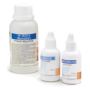 HI 3835-100 : Salinity, mercuric nitrate titration method Range: 0 to 40 g/kg (ppt) Reagent kit; 100 tests (salinity) 